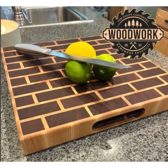 Mahogany, Maple, Beeswax, Handcrafted End Grain Cutting Board With Brick Pattern - Picture 7 of 9